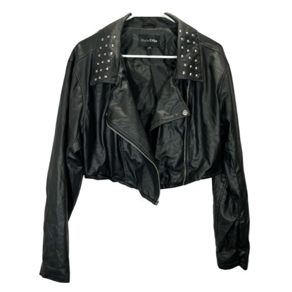 Outer Edge Women’s Black Vegan Faux Leather Studded Cropped Moto Jacket